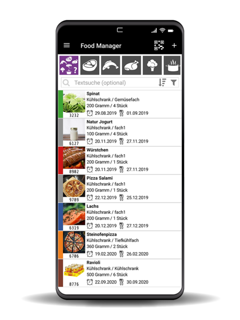 Lebensmittel-Manager-App mit Spinat, Joghurt, Würstchen, Pizza, Lachs, Steinofenpizza und Ravioli.