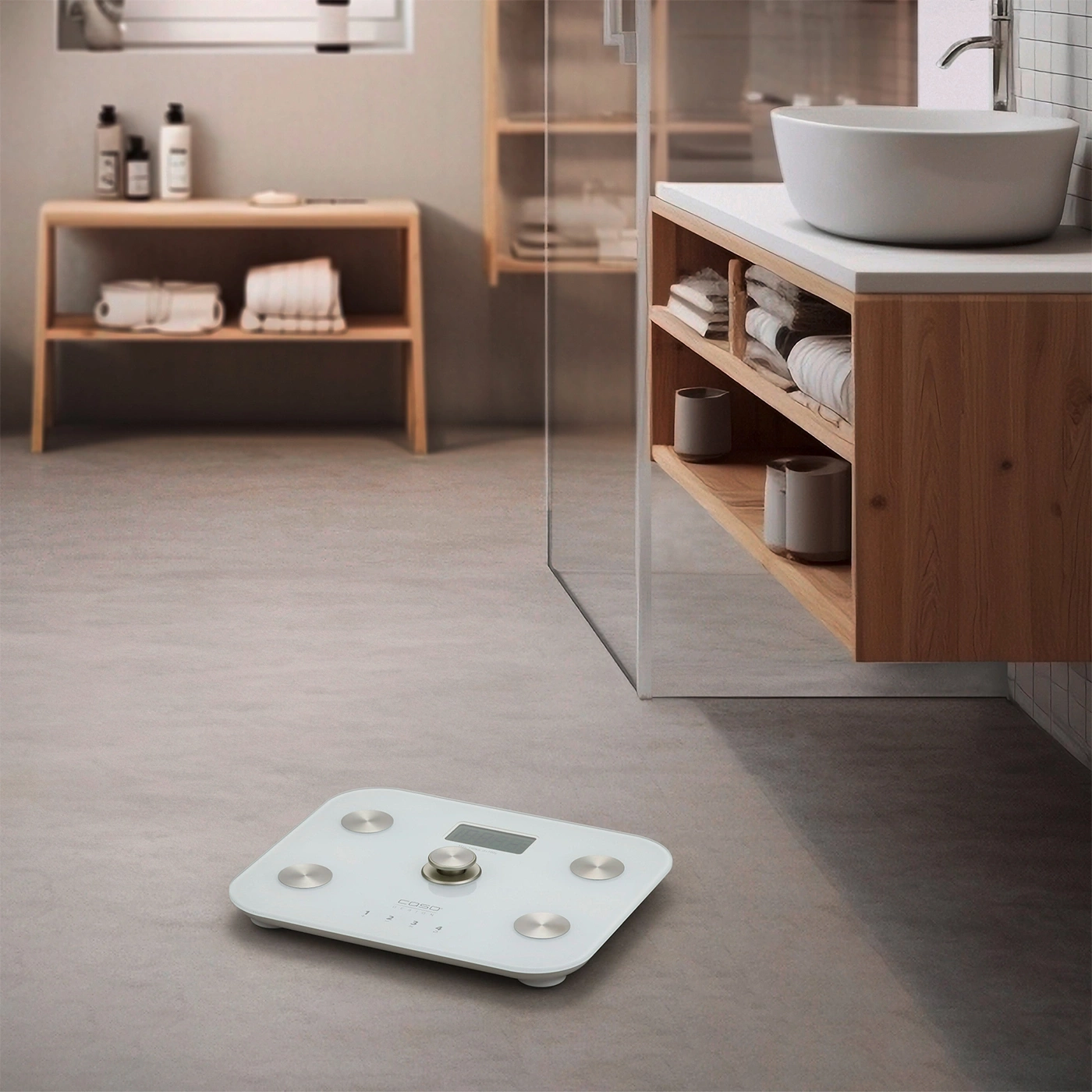 Bathroom with scale, sink, and wooden shelves. Modern interior design.