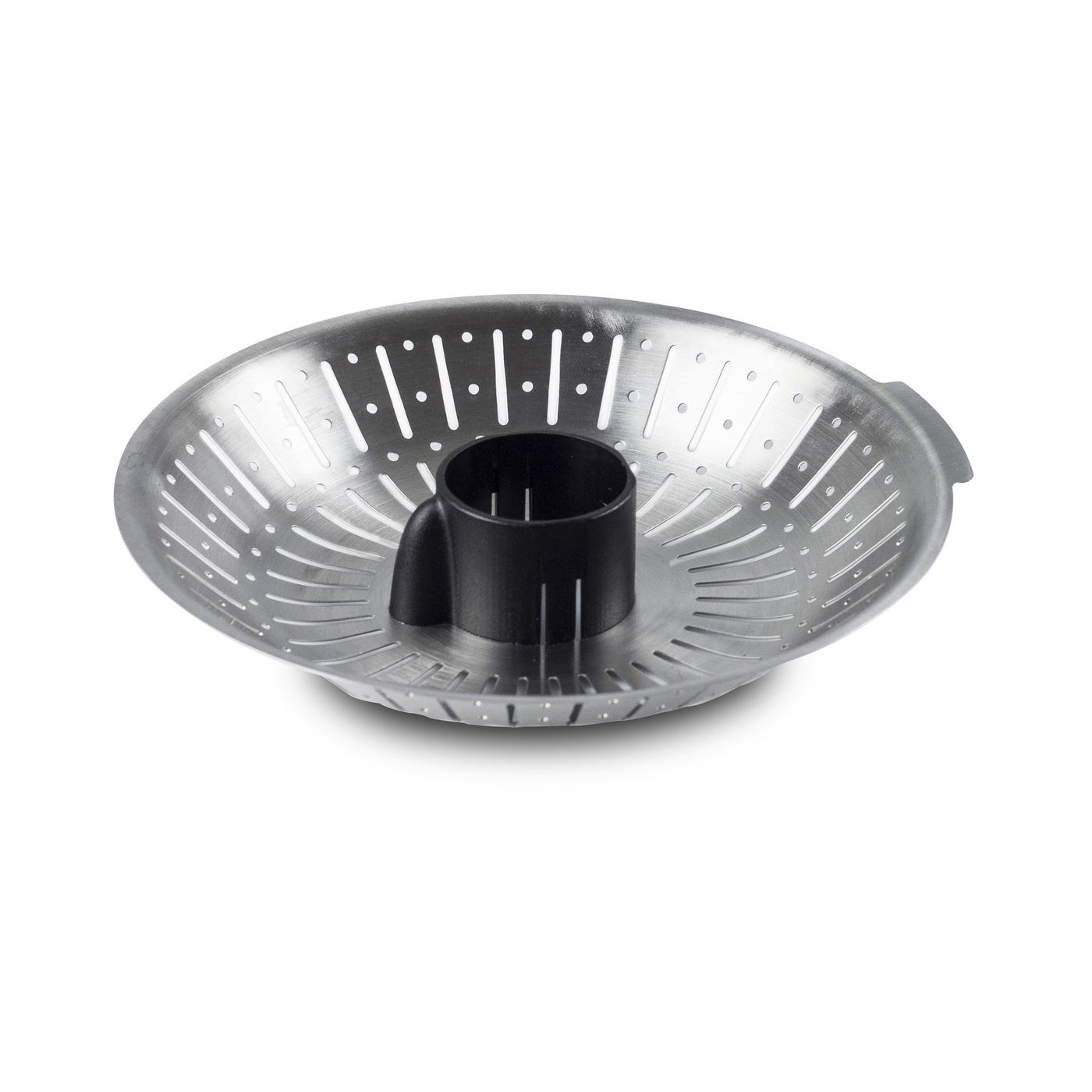 Stainless steel steamer with black insert and holes for the kitchen.