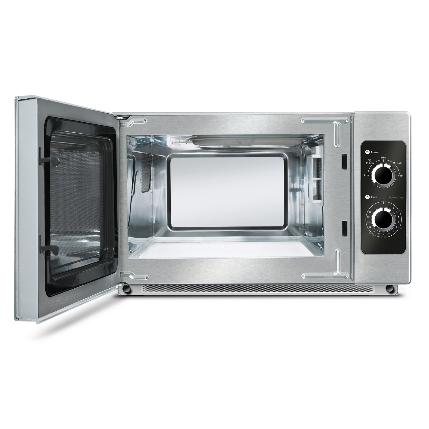 Microwave with open door, control panel with power and time settings, stainless steel design.