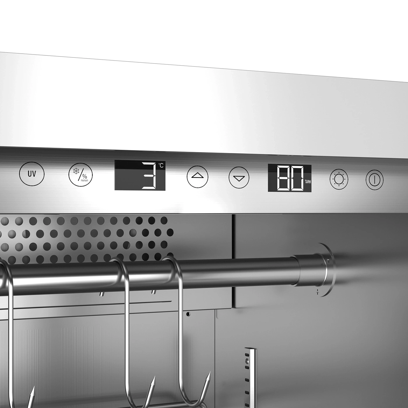 Refrigerator with temperature display and hooks for meat. Stainless steel design.