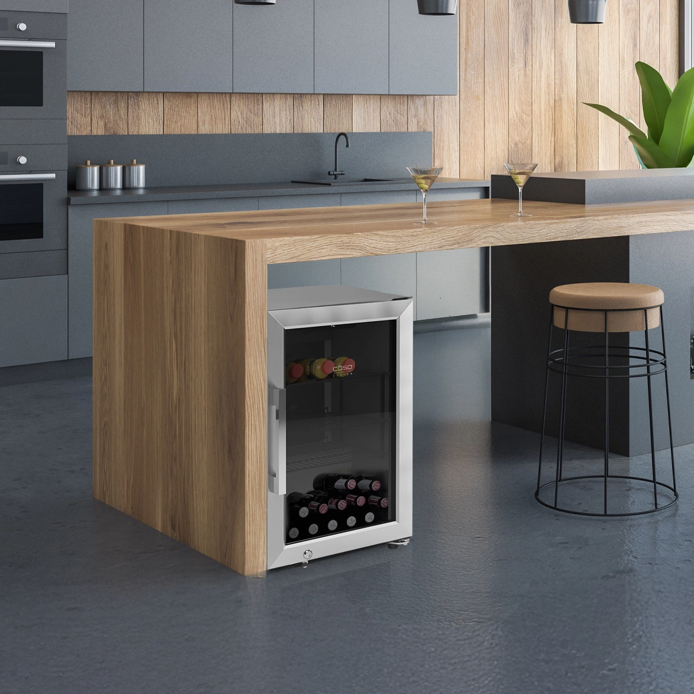 Ein moderner Küchenbereich mit einem Weinkühlschrank unter der Theke.