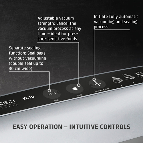 Vacuum sealer with features: vacuum, seal, stop, easy operation, for food preservation.