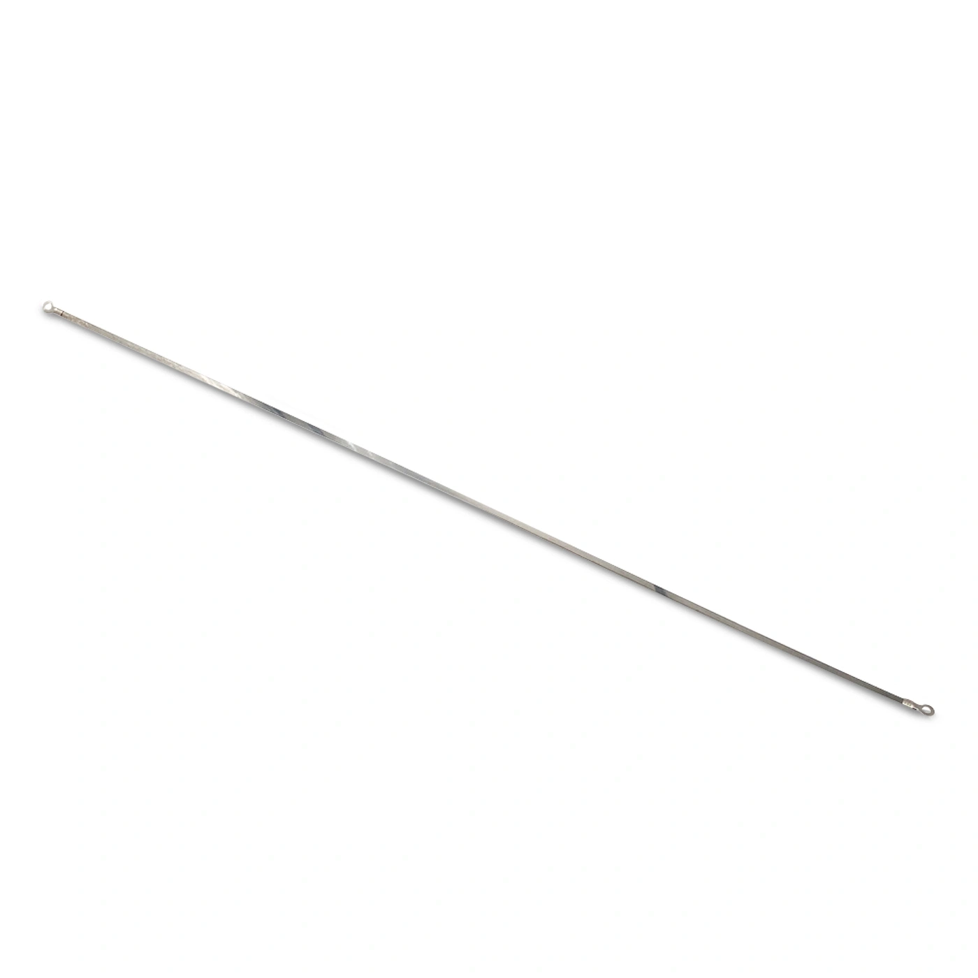 Long, thin, silver metal rod with loops on both ends, isolated on white