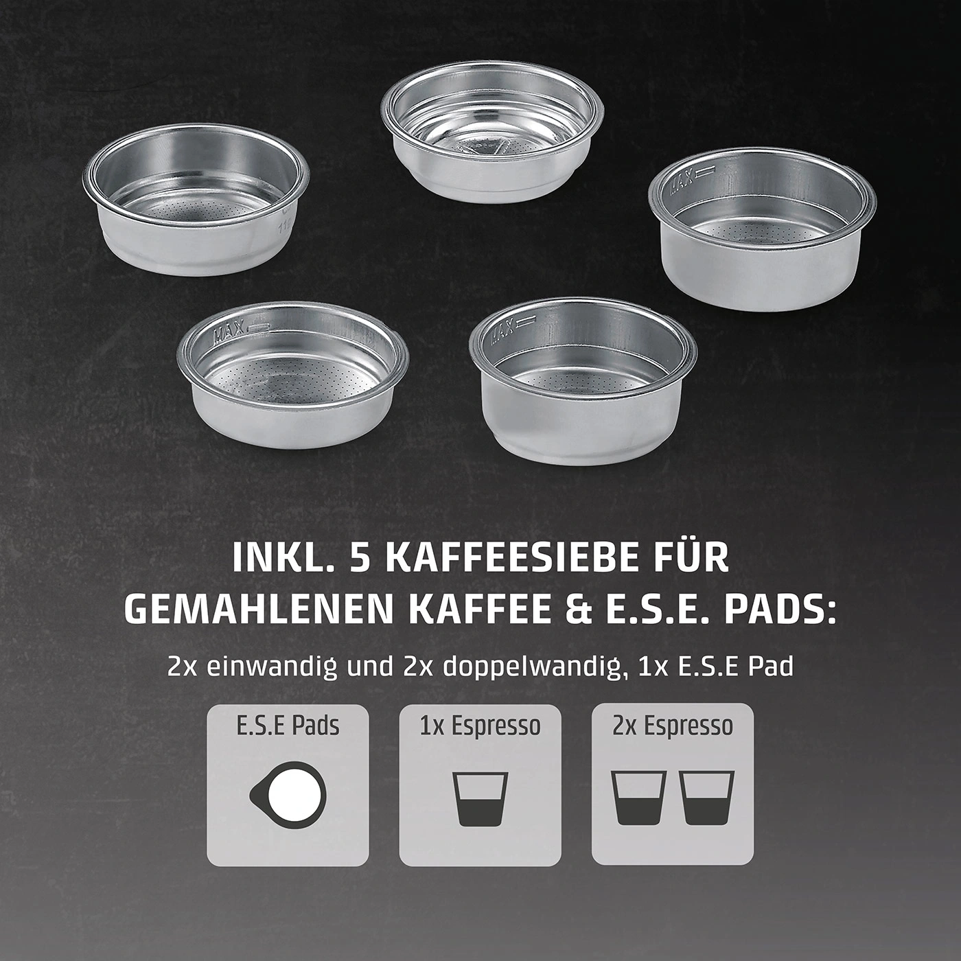 Kaffeefilter mit Text: 5 Kaffeesiebe für gemahlenen Kaffee & E.S.E. Pads.