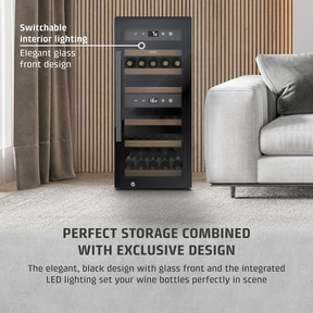 Wine cooler with elegant design, glass front, and interior lighting. Perfect wine storage.