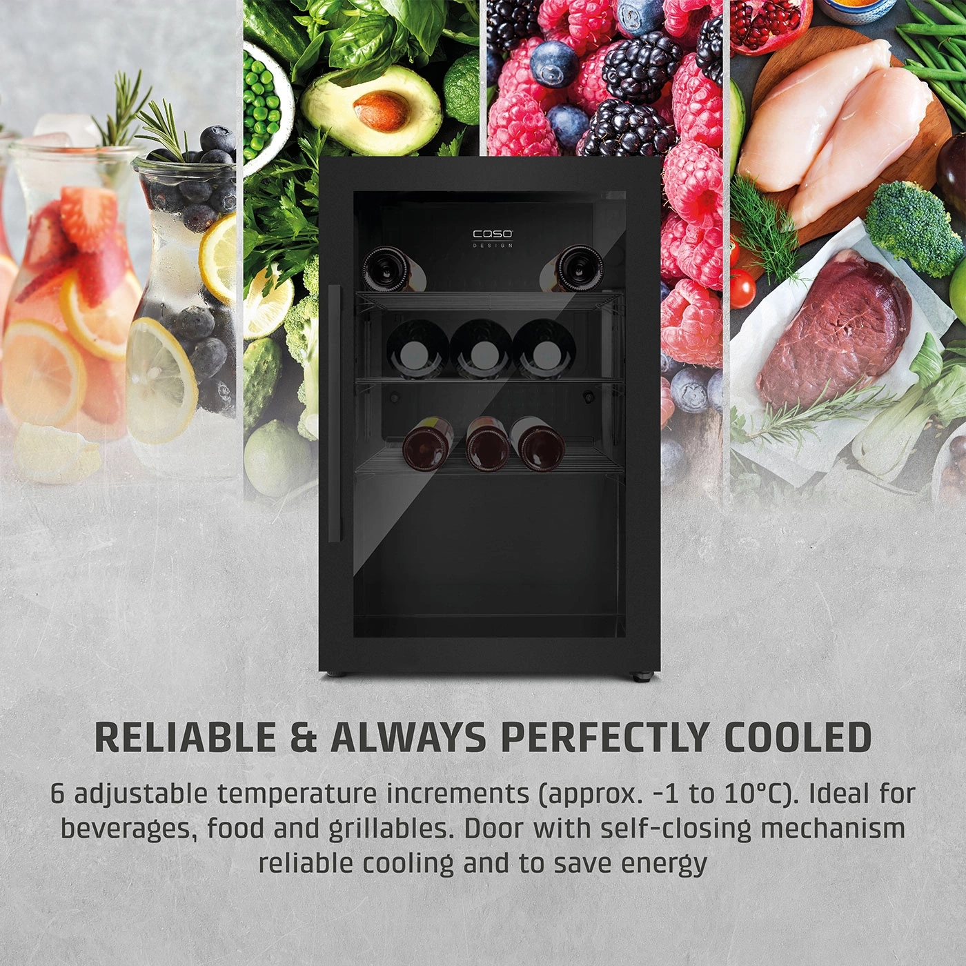 Wine cooler with food, text: Reliable & always perfectly chilled.