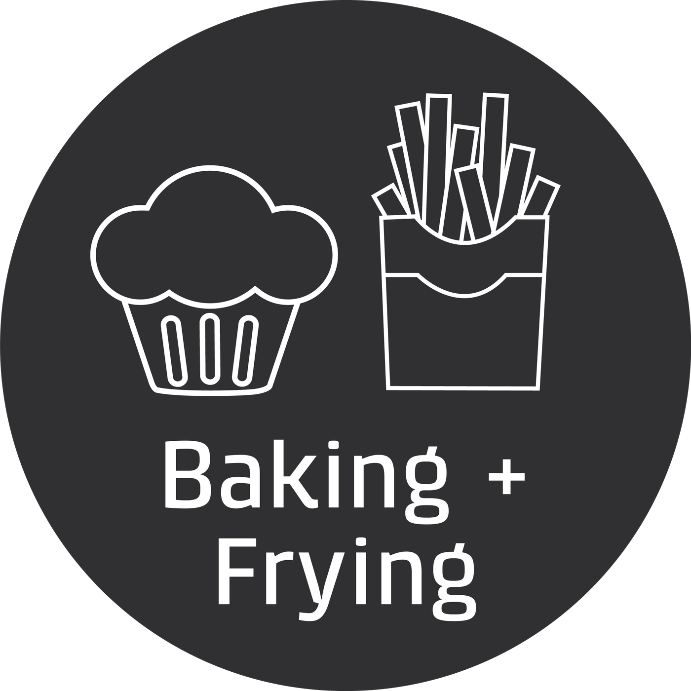 Baking and frying symbol with cake and fries on a black background