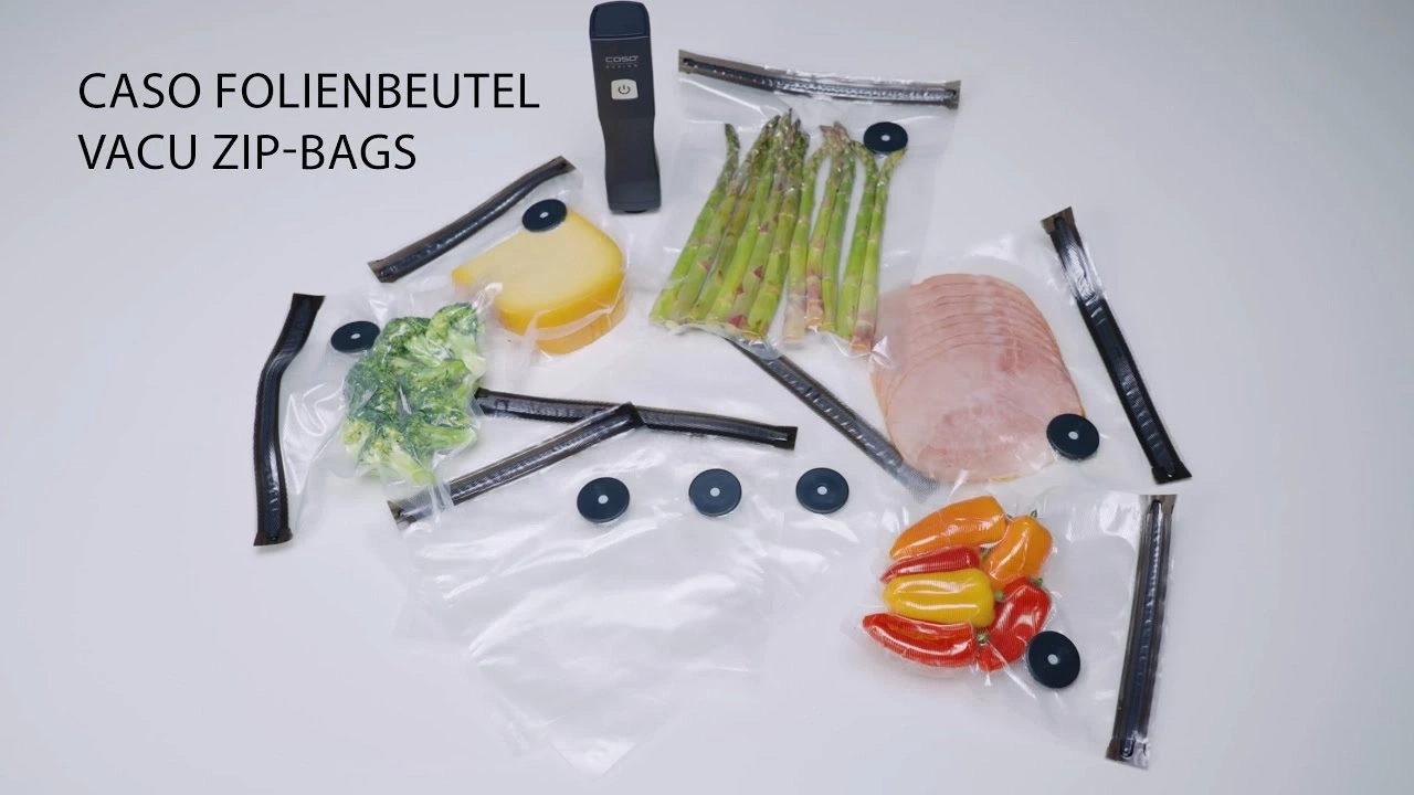 Vacuum bags with vegetables, cheese, meat, and peppers on a white background.
