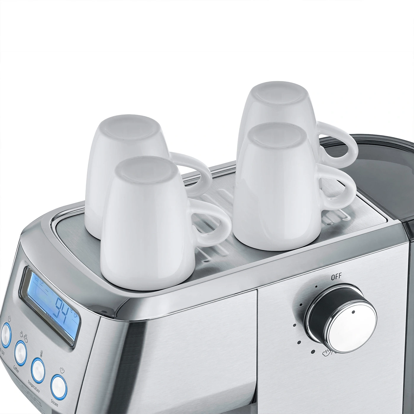 Kaffeemaschine mit Tassen, Temperaturanzeige und Drehknopf für die Einstellung.
