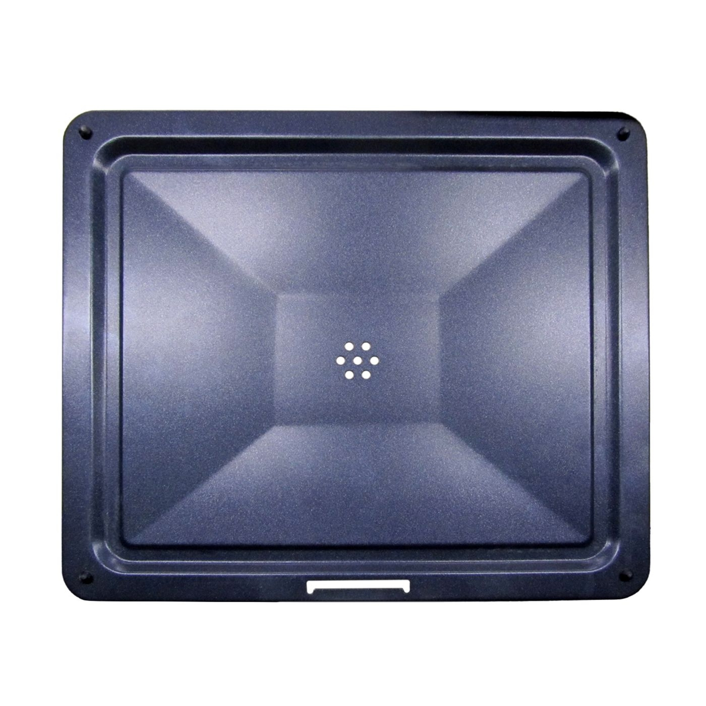 Dark blue baking tray with holes and rectangular shape, metal