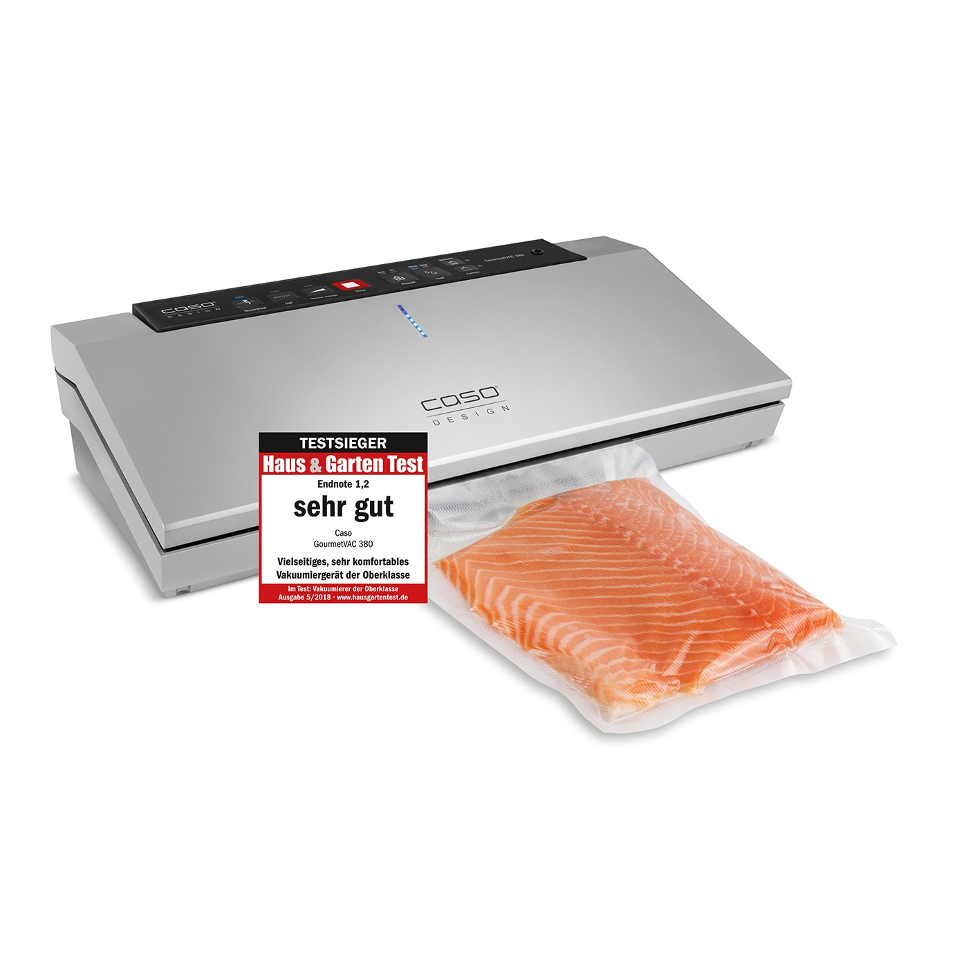 Vakuumiergerät mit Lachs, Testergebnis 'sehr gut', Caso GourmetVAC 380.