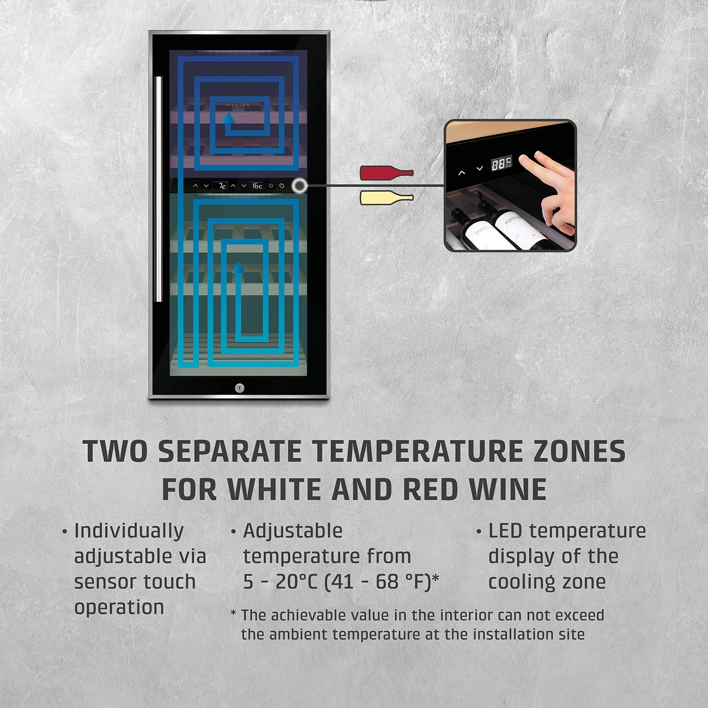 Wine cooler with two temperature zones for white and red wine, LED display.