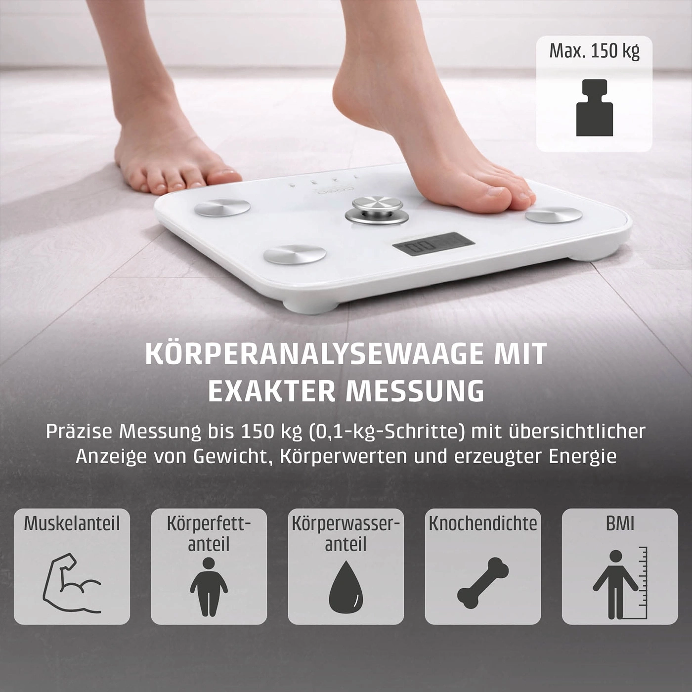 Körperanalysewaage mit Präziser Messung von Muskelanteil, Körperfett, Körperwasser, Knochendichte und BMI bis 150 kg