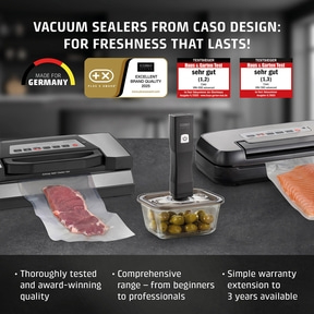 CASO Design vacuum sealers for fresh food, Made for Germany seal and awards