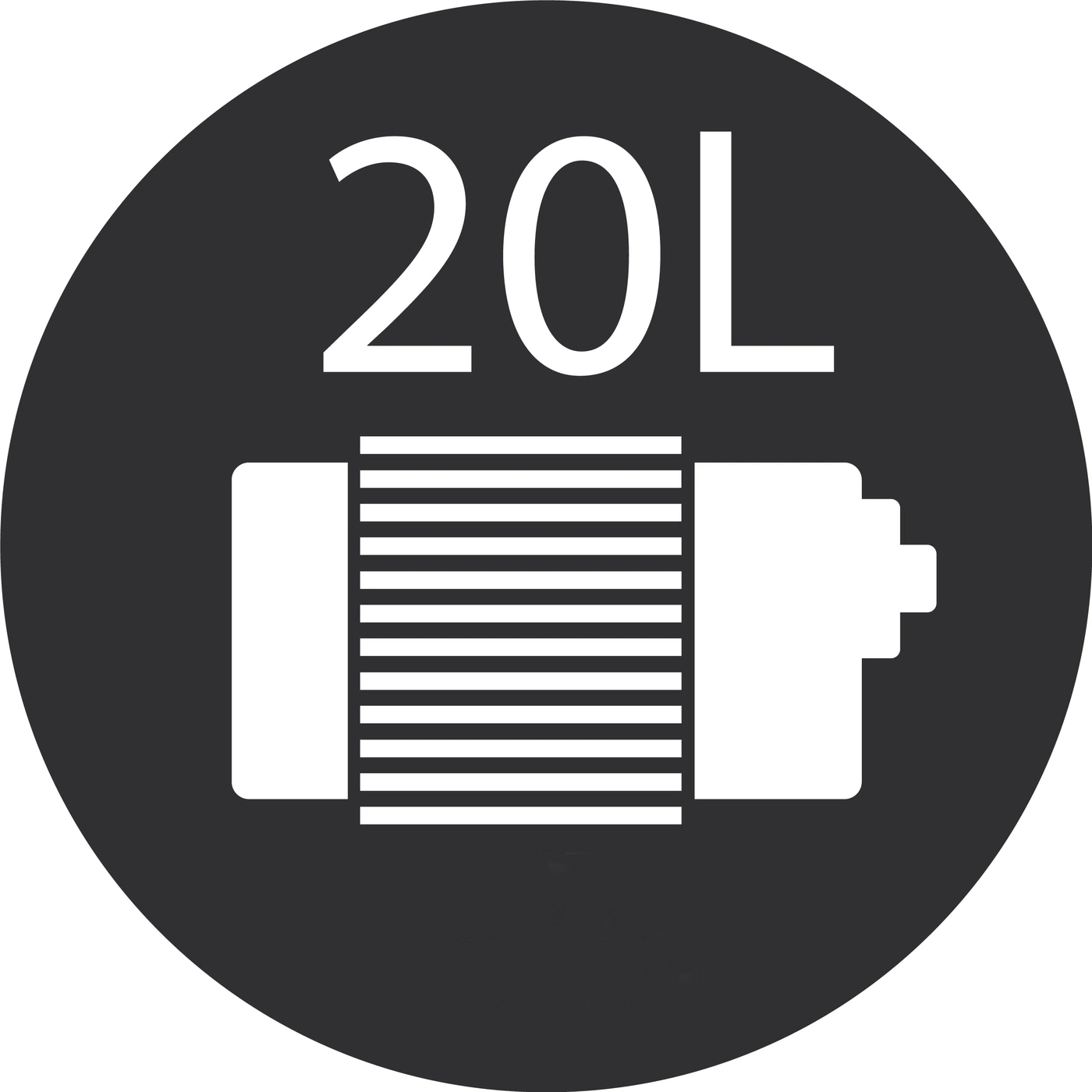 Batterie-Symbol mit 20L-Angabe in einem schwarzen Kreis, weiß