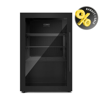 Schwarzer Kühlschrank mit Glasfront und Rabatt-Symbol im Angebot