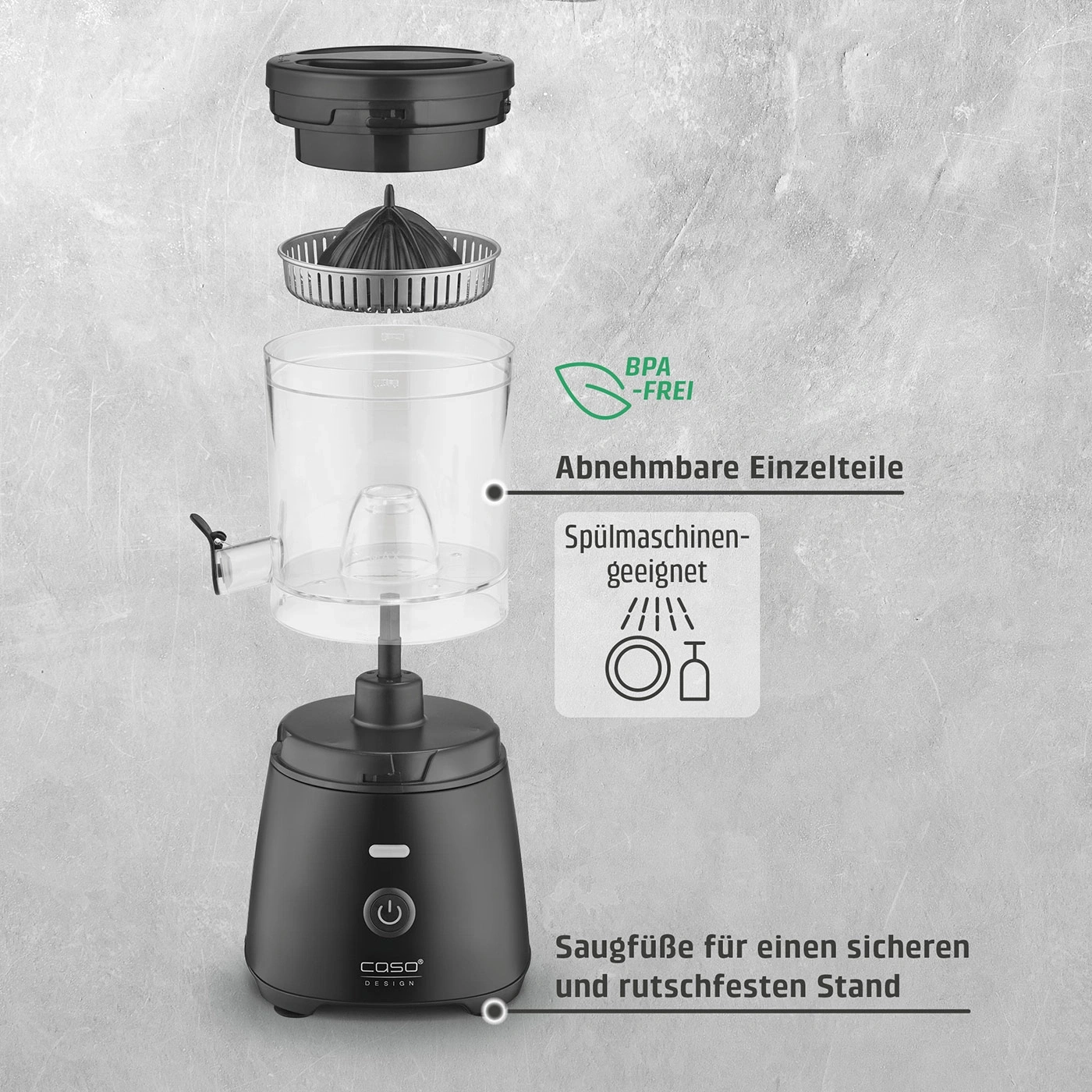 Ein elektrischer Zitruspresse mit abnehmbaren Teilen und Spülmaschinen-Eignung.