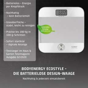 Weiße Design-Waage mit digitaler Anzeige und Blatt-Symbol "Batterielose Nutzung"