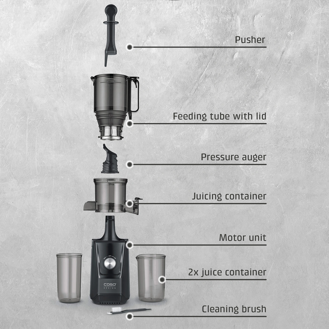Disassembled juicer with labels in German