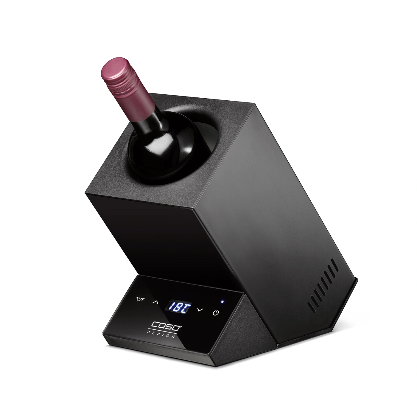 Black wine cooler with bottle and temperature display, COSO Design.