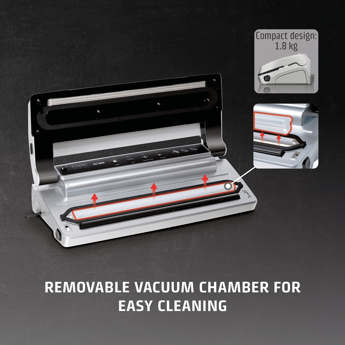 Vacuum sealer with removable vacuum chamber for easy cleaning and compact design, 1.8 kg.