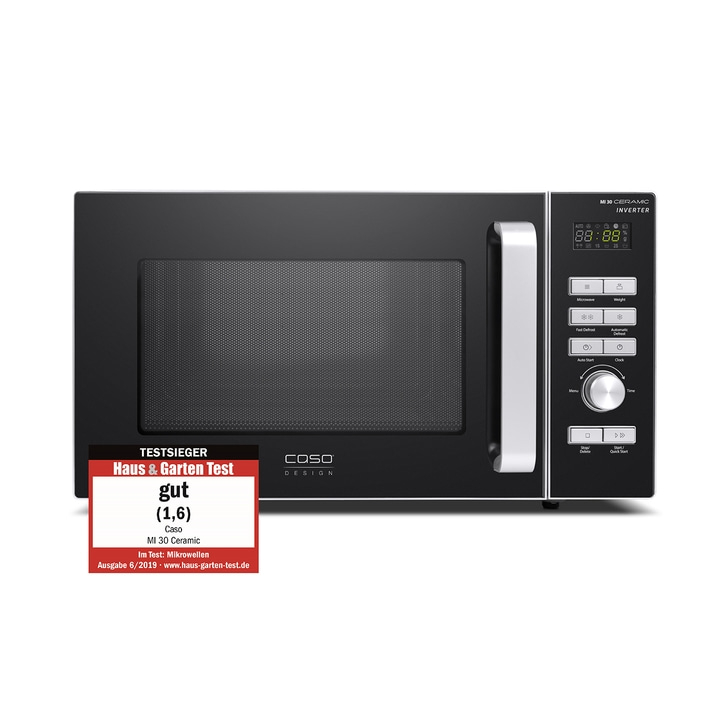 Black microwave with 'good' rating and 'Caso Design' logo.