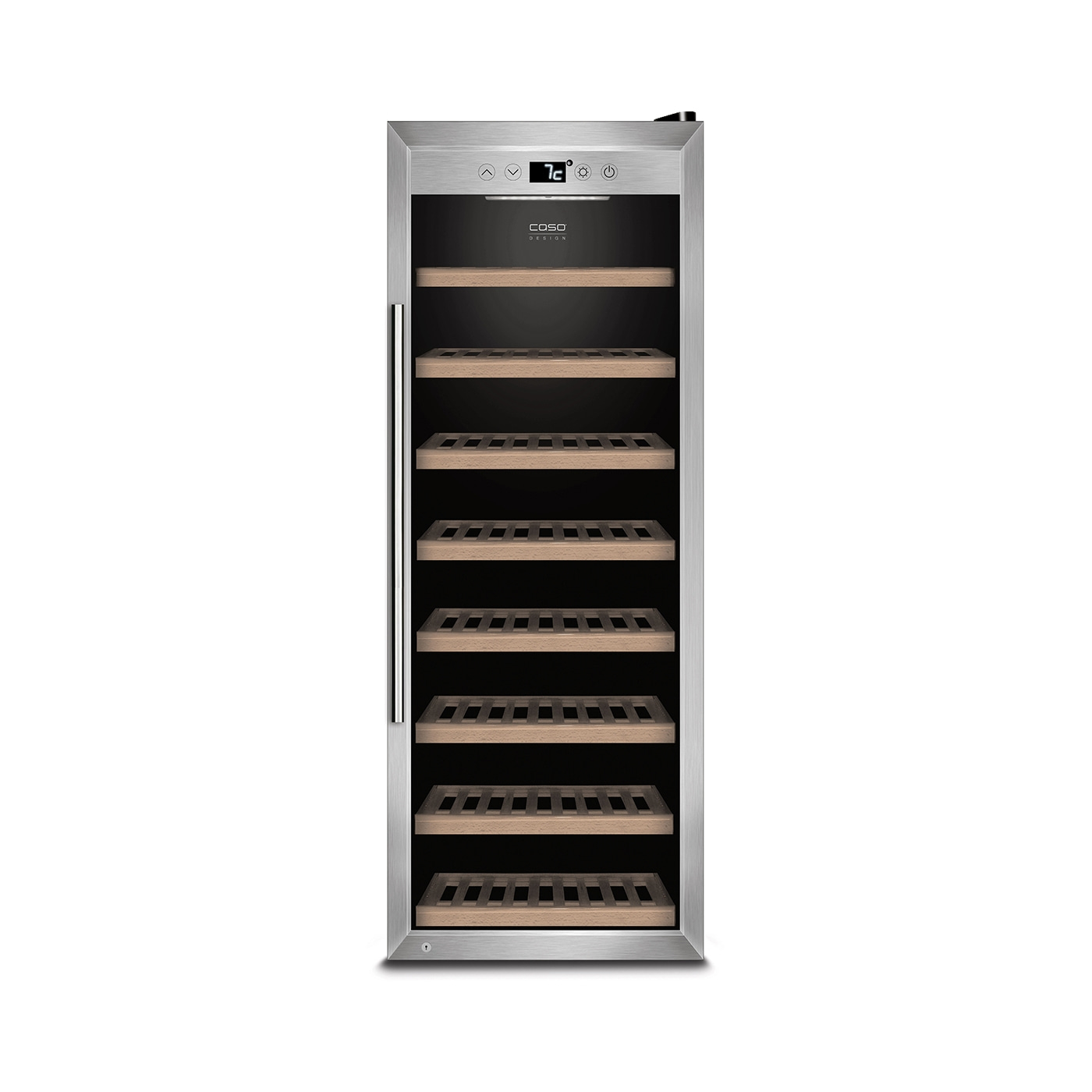 Wine cooler with wooden shelves and temperature display, stainless steel