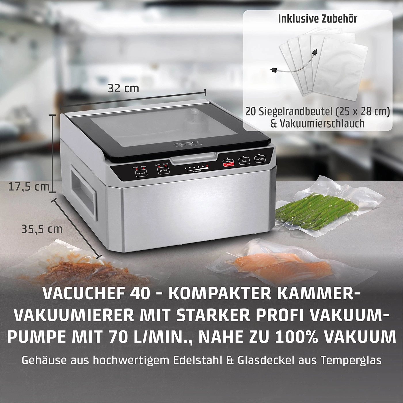 Vakuumierer mit Zubehör, 32 cm breit, 17,5 cm hoch, 35,5 cm tief, Edelstahlgehäuse.