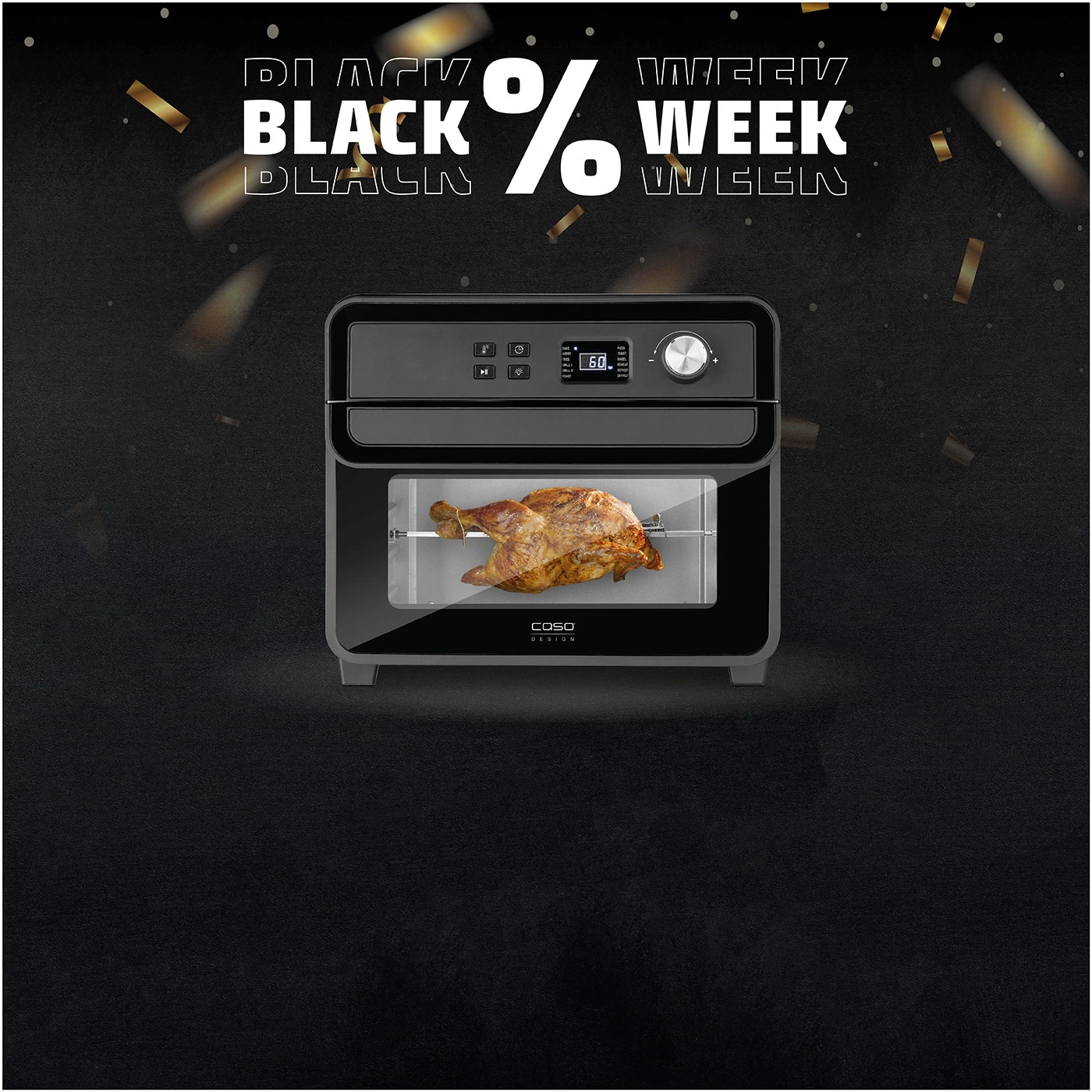 Black week offer with oven and roasted chicken, percentage sign, black background