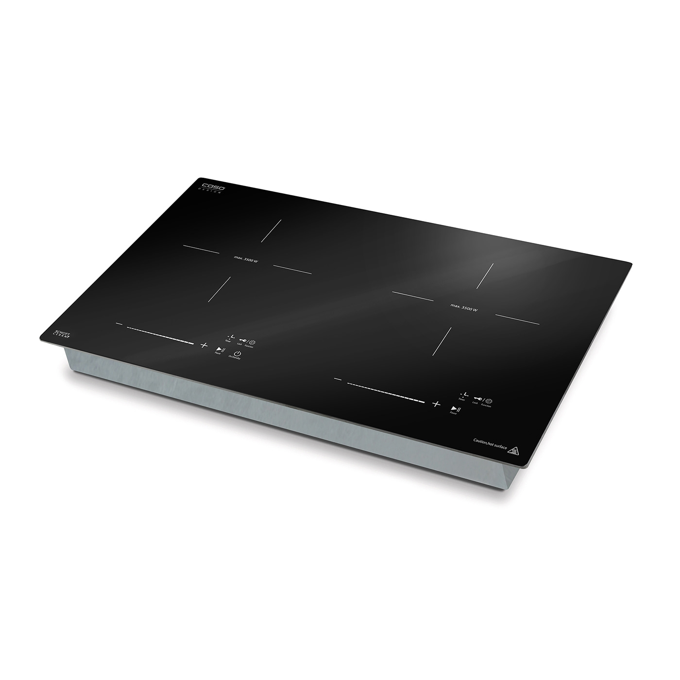 Black induction cooktop with touch controls and silver frame. Modern kitchen appliance.