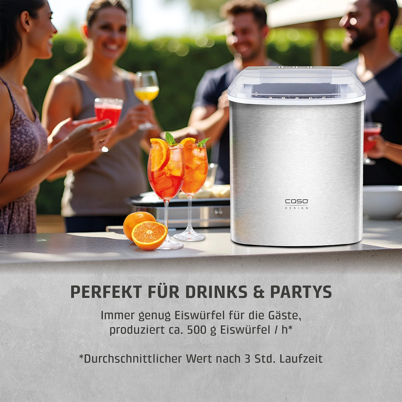 Eismaschine für Drinks und Partys mit Orangen und Cocktails