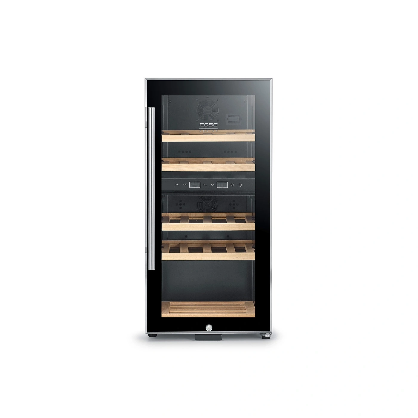 A modern wine cooler with a glass door and wooden shelves.