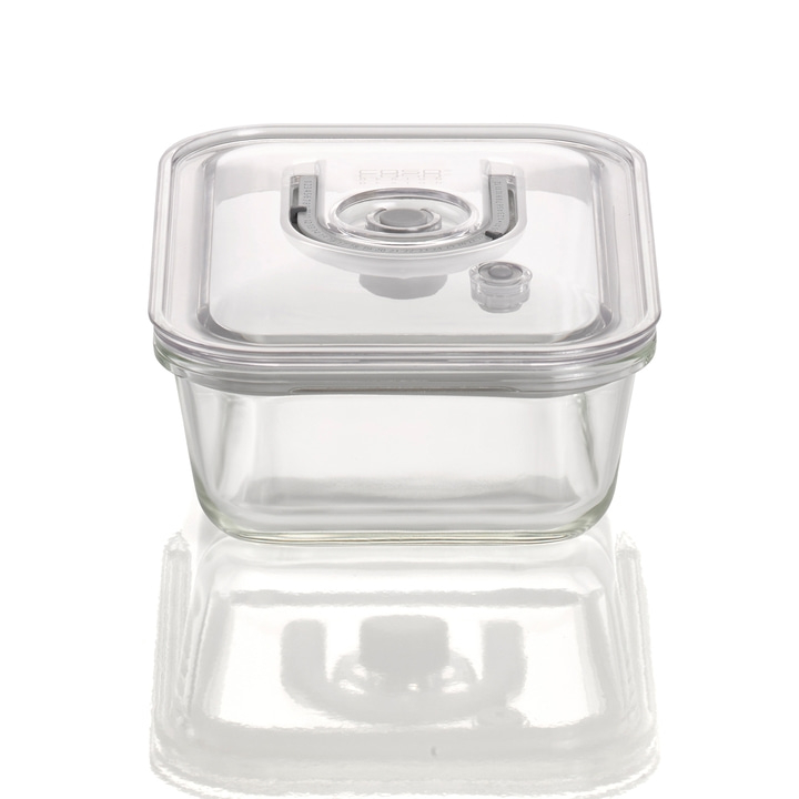 Clear glass square container with lid and closure, isolated on white background