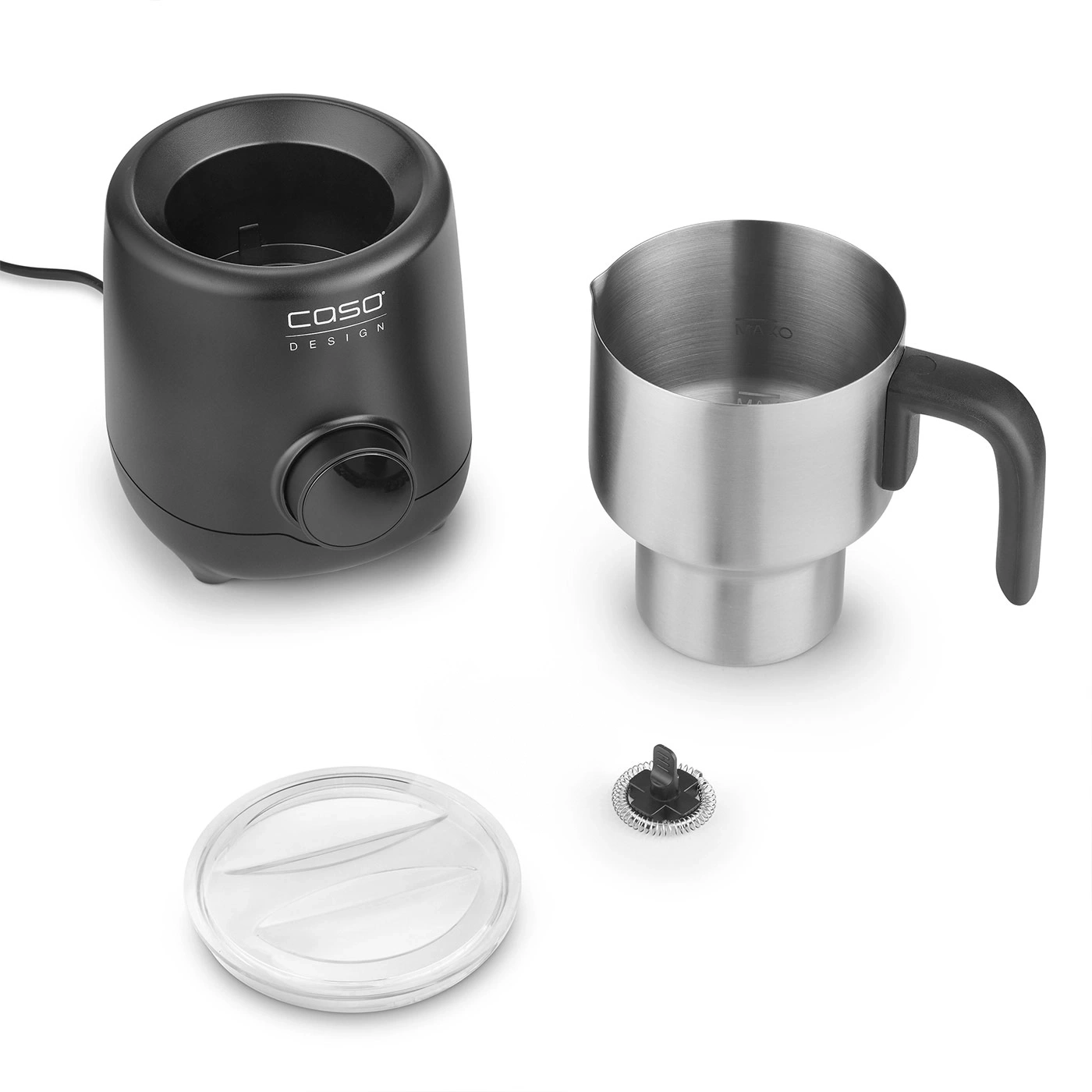 Milk frother with accessories, stainless steel container, lid and base.