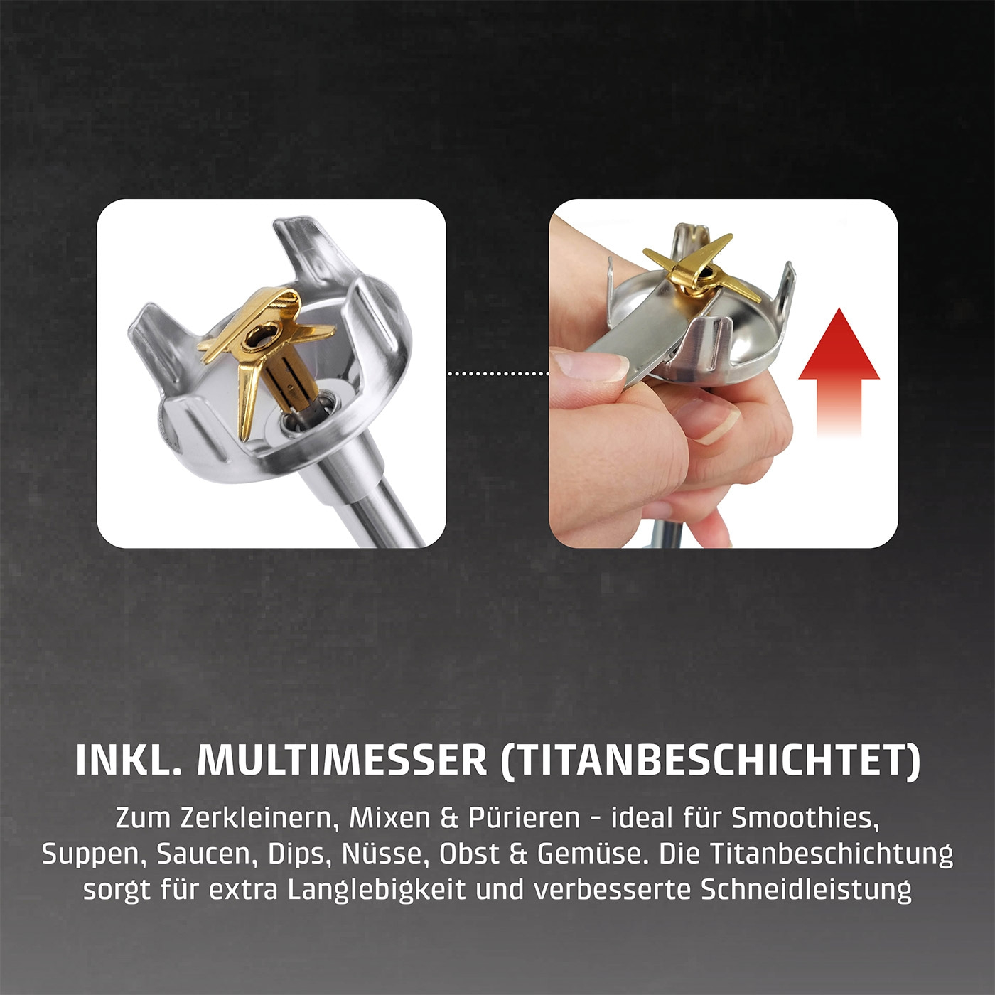 Multimesser mit Titanbeschichtung für Smoothies, Suppen, Saucen, Dips, Nüsse, Obst & Gemüse.