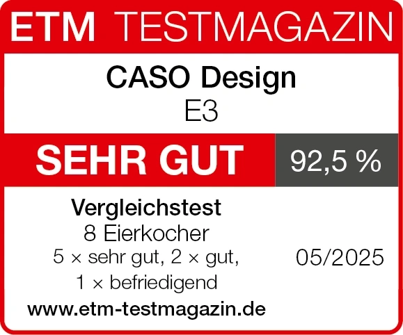 ETM Testmagazin Bewertung: CASO Design E3, SEHR GUT, 92,5%, Vergleichstest, 05/2025