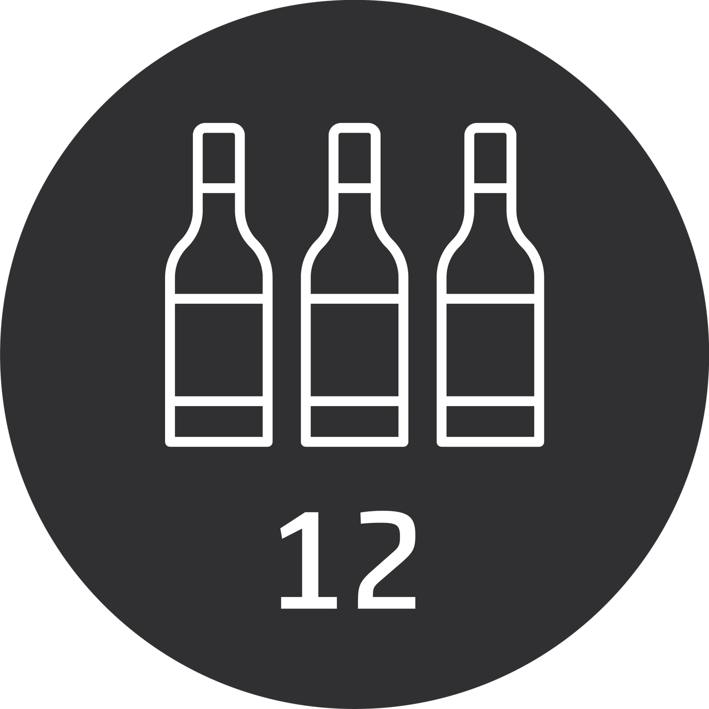 Kreis mit drei Weinflaschen und der Zahl 12, Symbol für eine Kiste Wein.