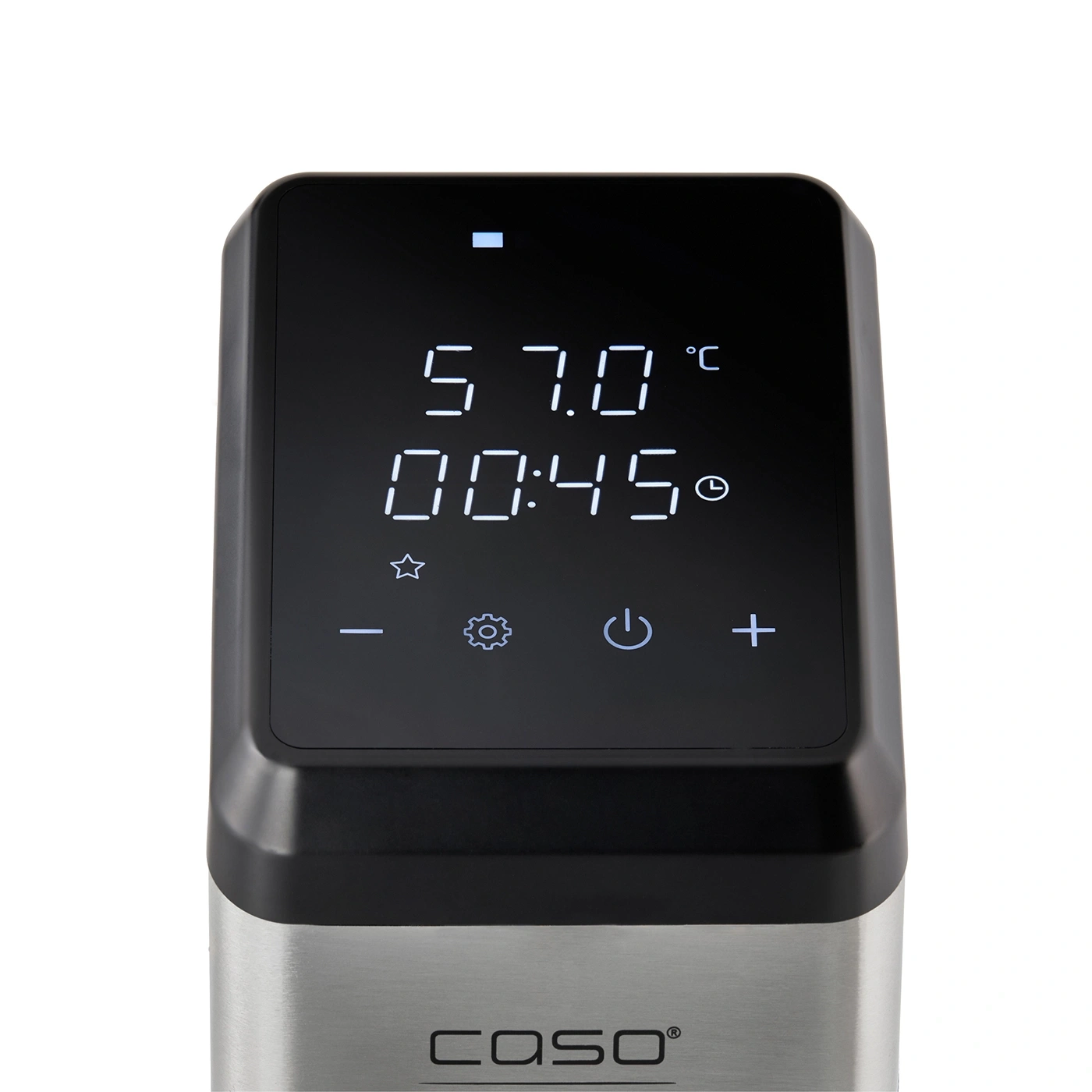 Digital display showing temperature and time, Caso device, stainless steel, black