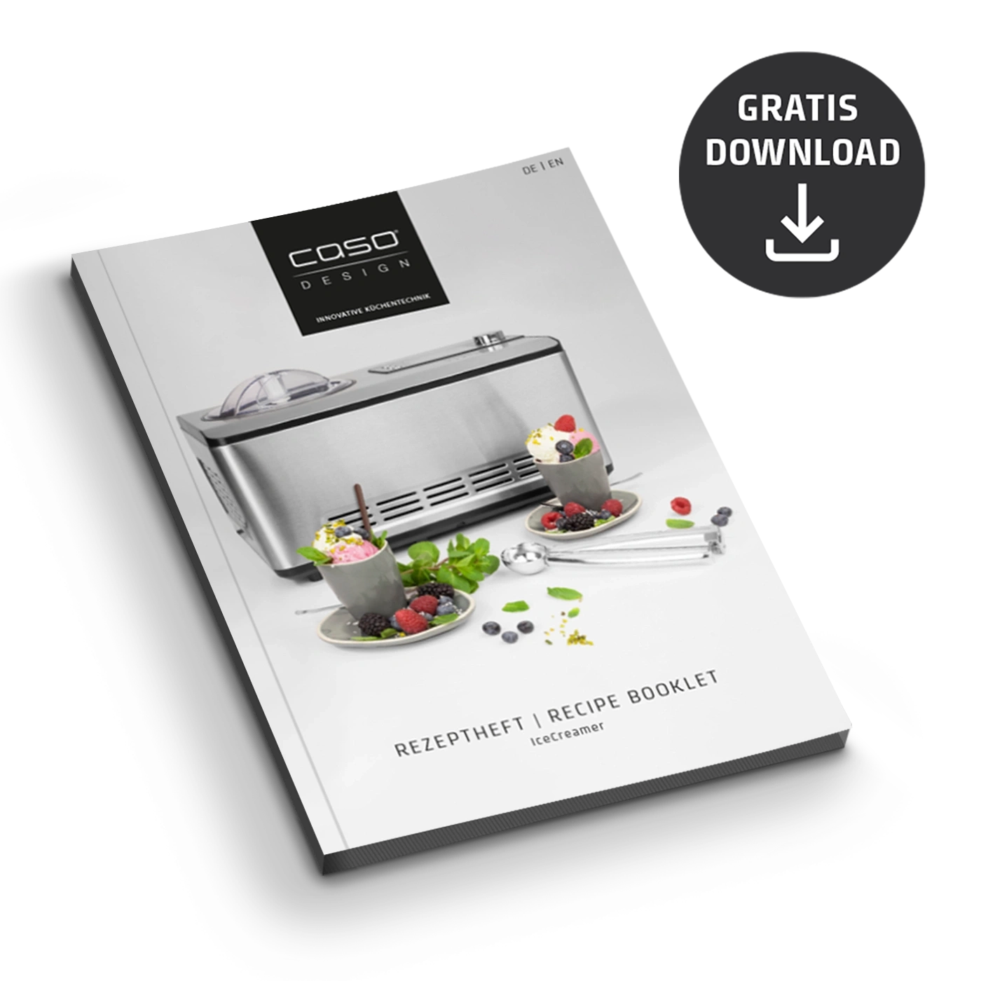 Rezeptheft mit Eiscreme-Maschine, Gratis-Download-Button, Caso Design