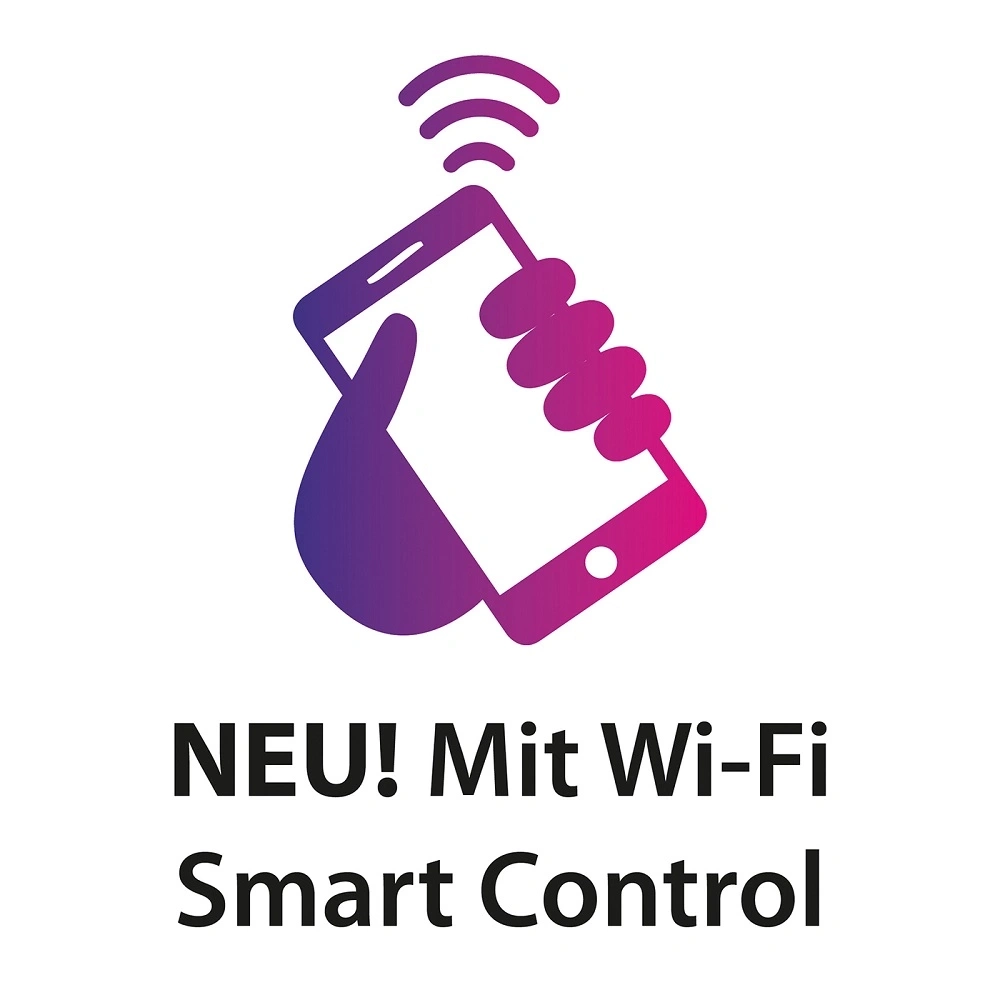 Smartphone mit Wi-Fi-Symbol und Text: NEU! Mit Wi-Fi Smart Control