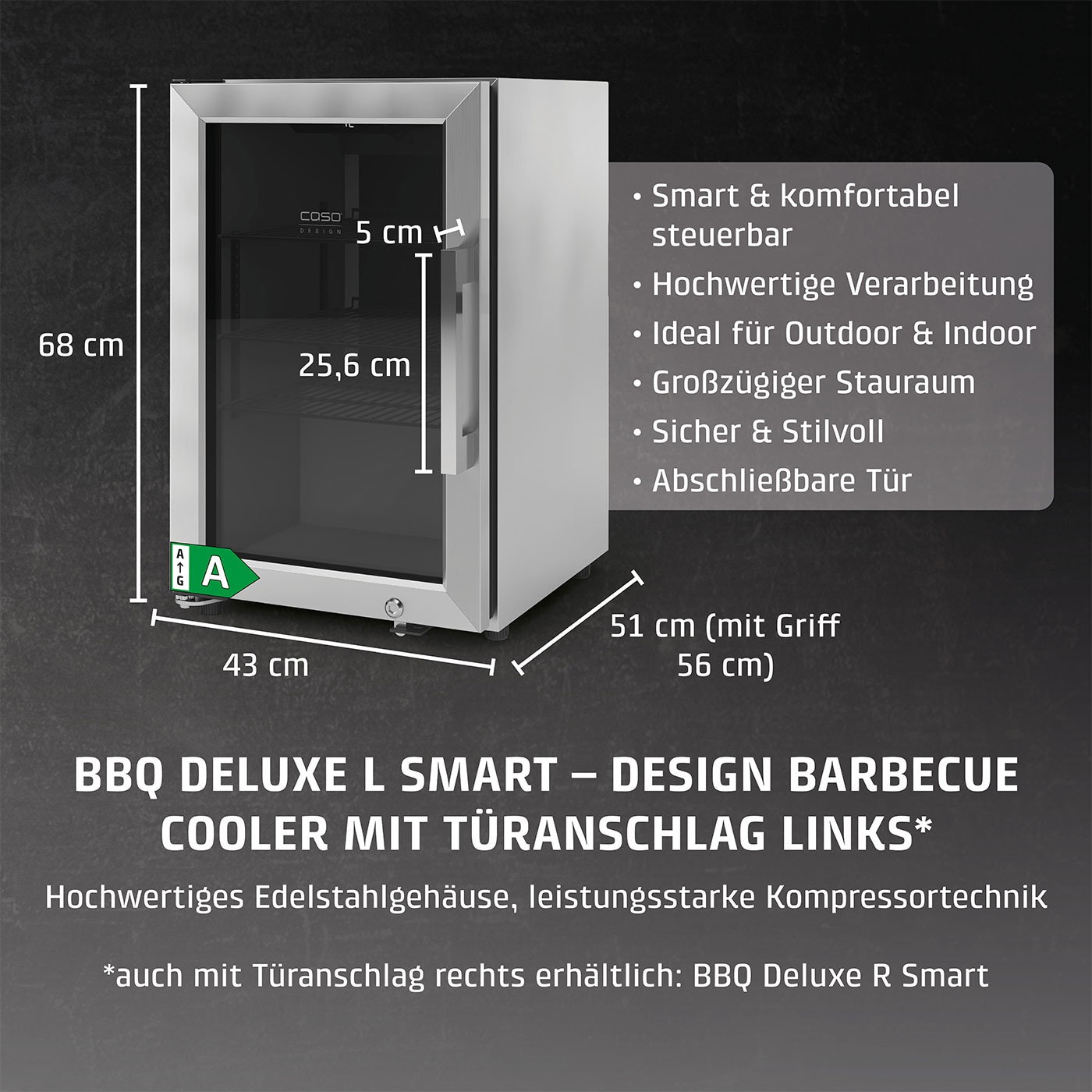 BBQ Kühlschrank mit Edelstahlgehäuse, ideal für Outdoor und Indoor, abschließbare Tür.
