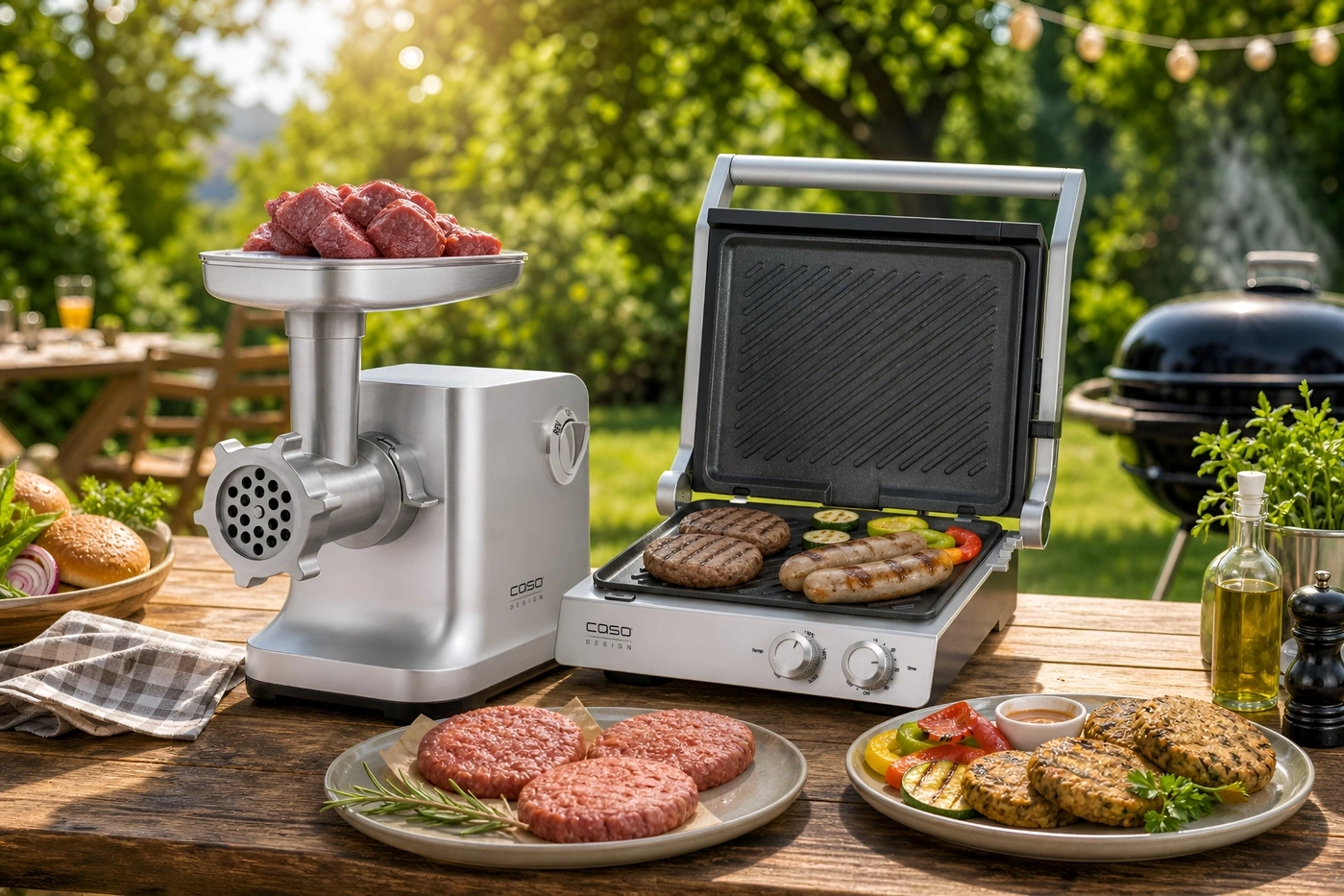 Meat grinder and grill with burgers and sausages in the garden