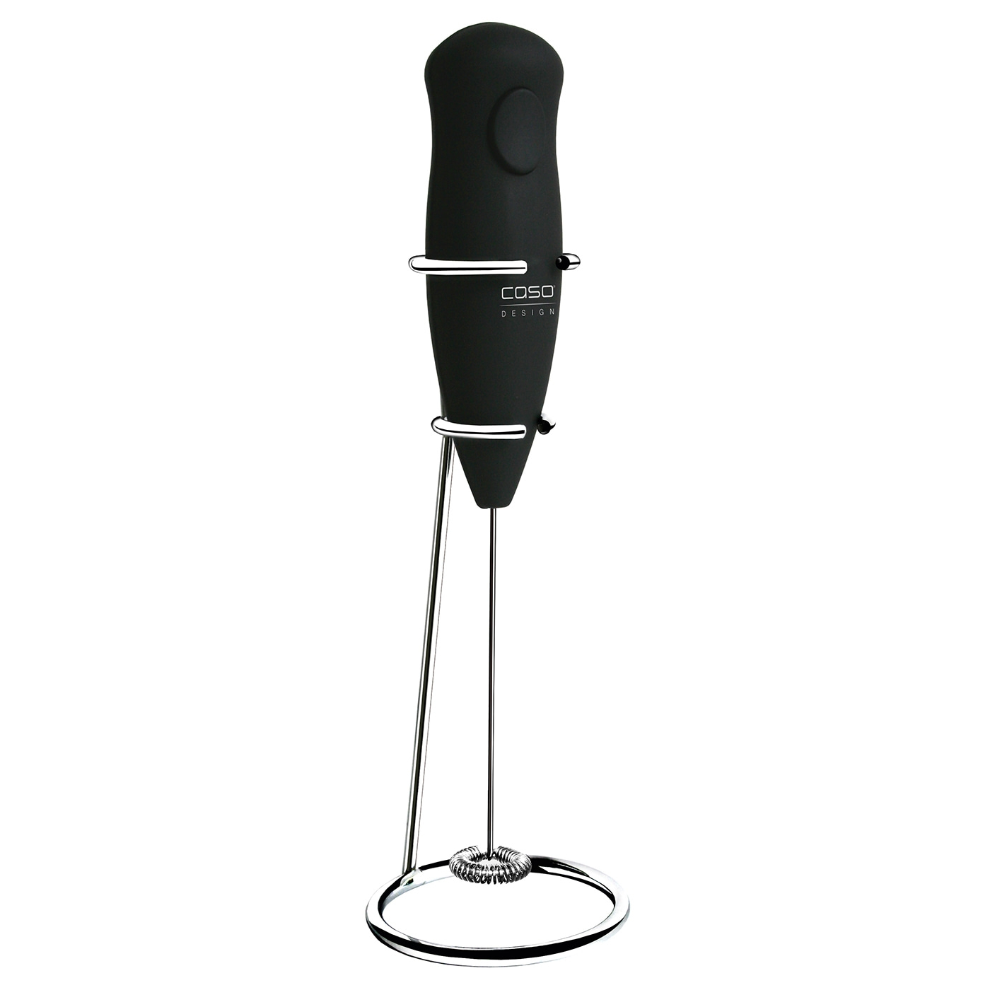 Black milk frother with stand, Caso Design, isolated on white background
