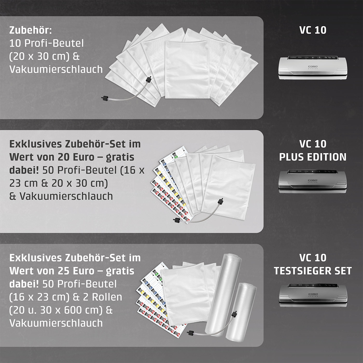 Vacuum sealer accessory sets: VC 10, Plus Edition, Testsieger Set with bags and hoses.