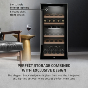 Wine cooler with glass front, elegant design, perfect wine storage, interior lighting.