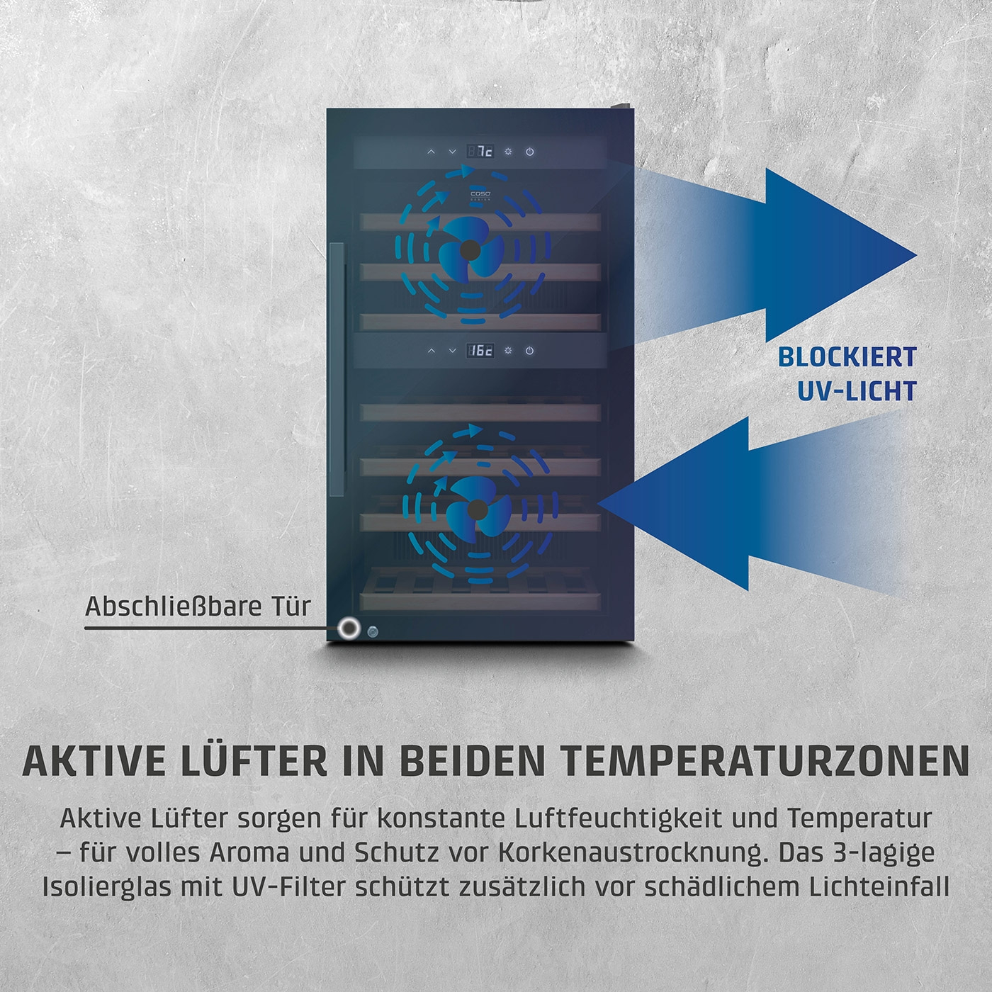 Weinkühlschrank mit aktiven Lüftern, UV-Schutz und abschließbarer Tür.