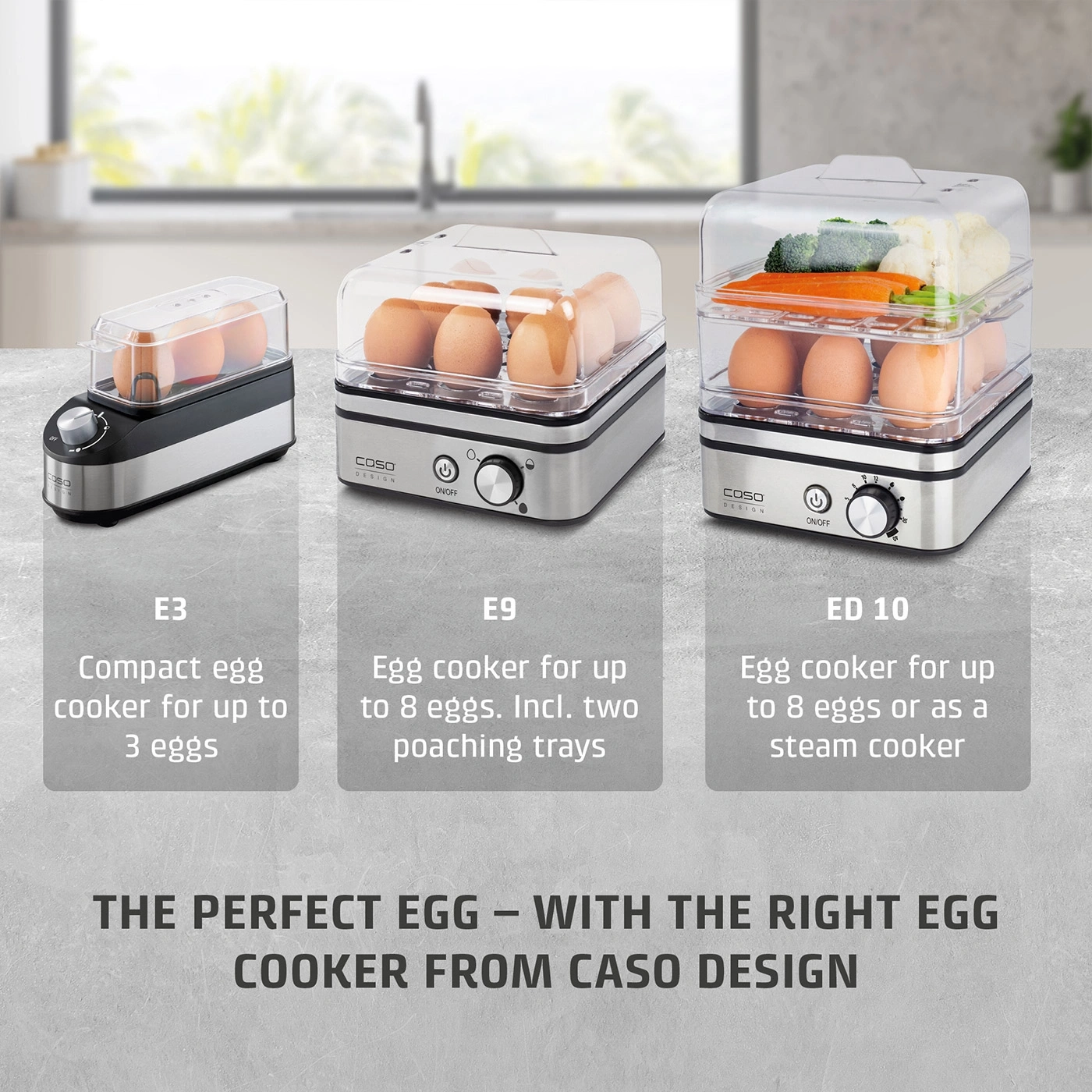 Three Caso Design egg cookers: E3, E9, and ED 10, with eggs and vegetables