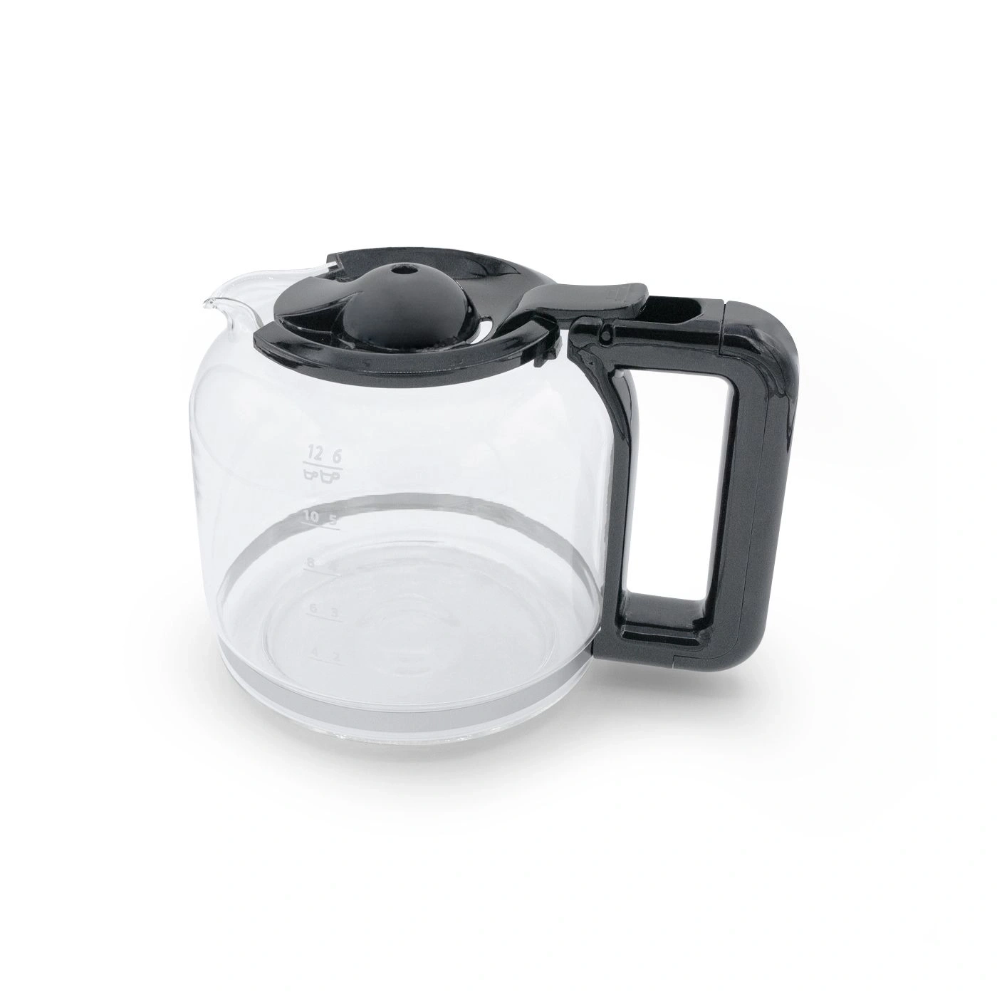 Glass coffee pot with black handle and lid, isolated on white background
