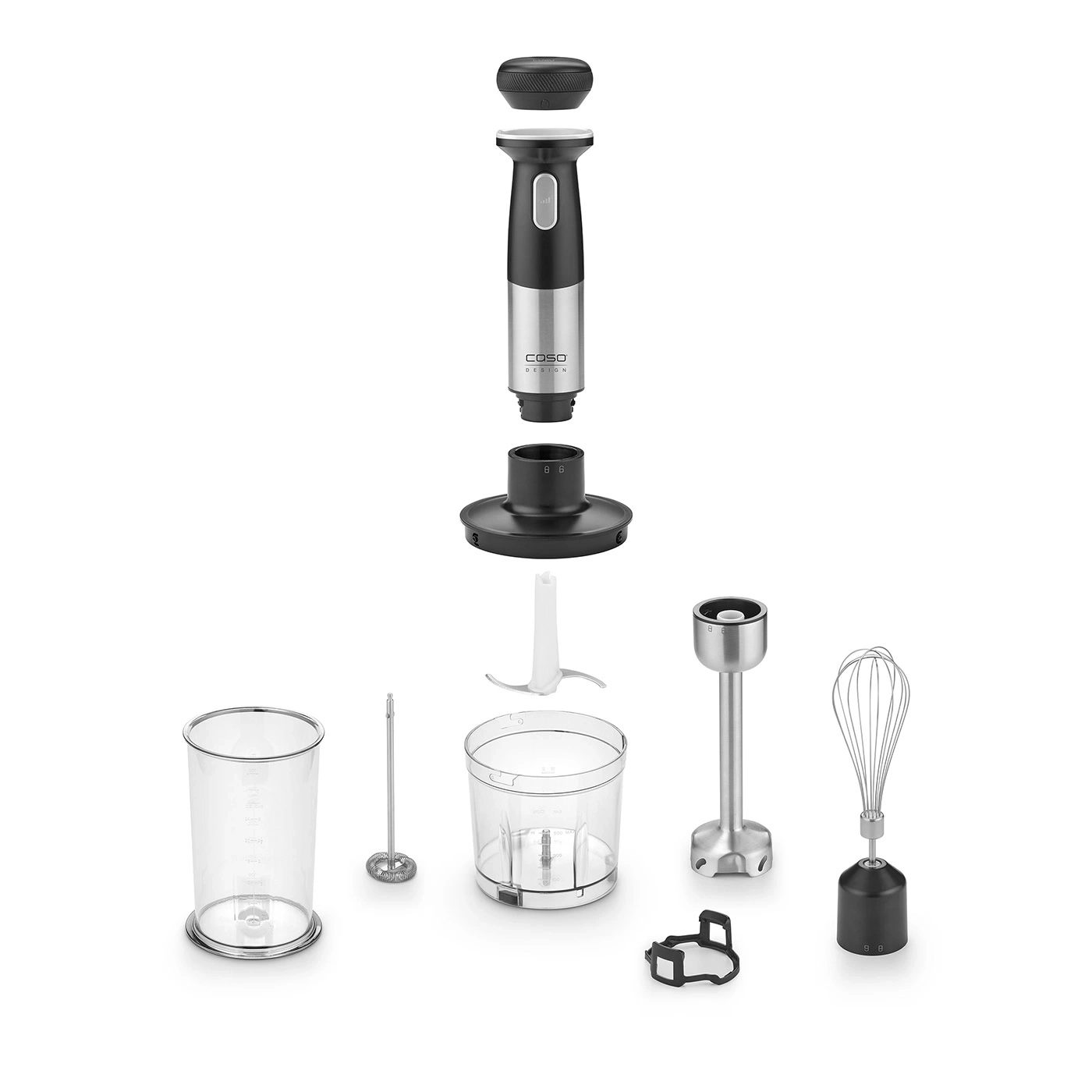 Exploded view of a stick blender with accessories on a white background.